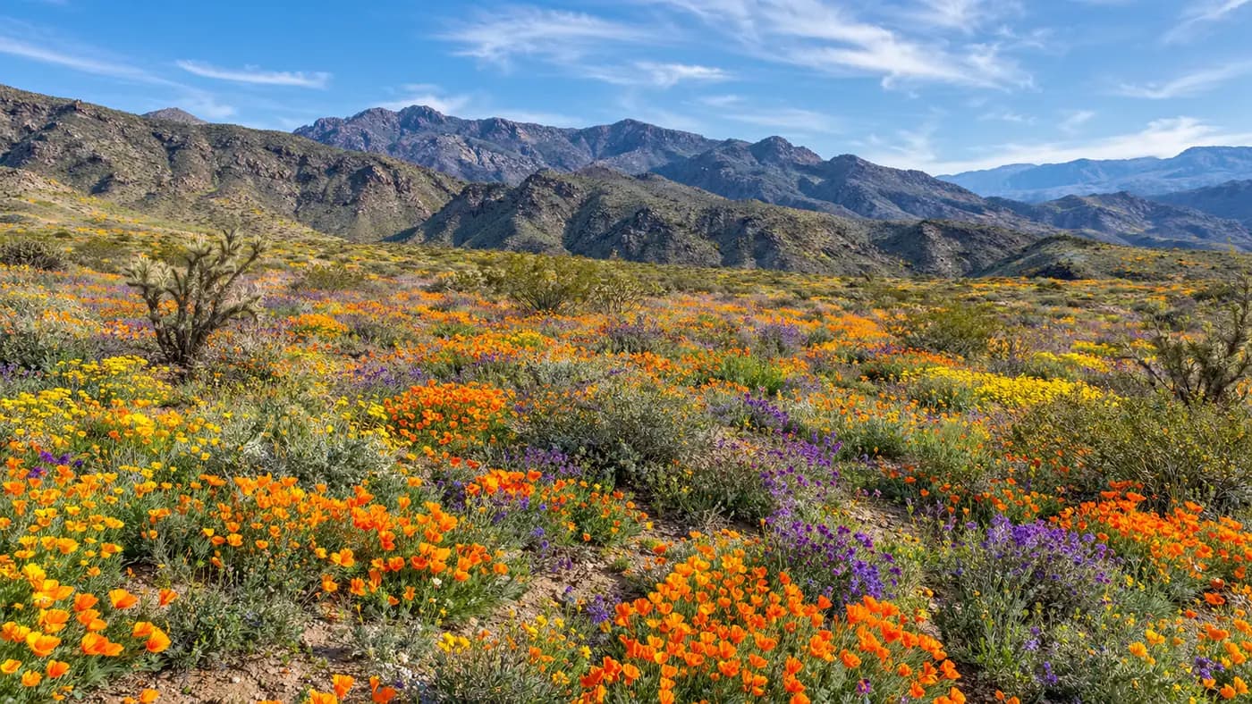 Orange and purple wildflowers carpeting the desert floor below the mountains at Anza-Borrego in spring