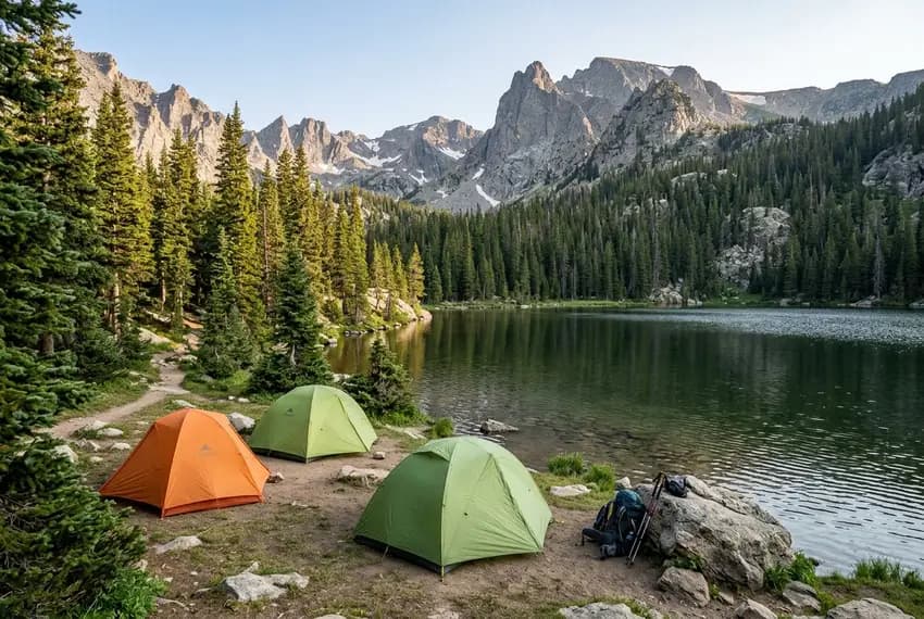 Tents pitched beside an alpine lake below the peaks in Colorado