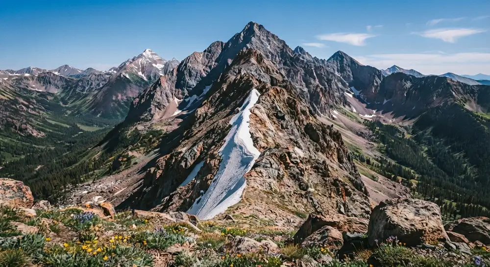 The steep snow-filled couloir splitting the face of Mount Sneffels, Colorado