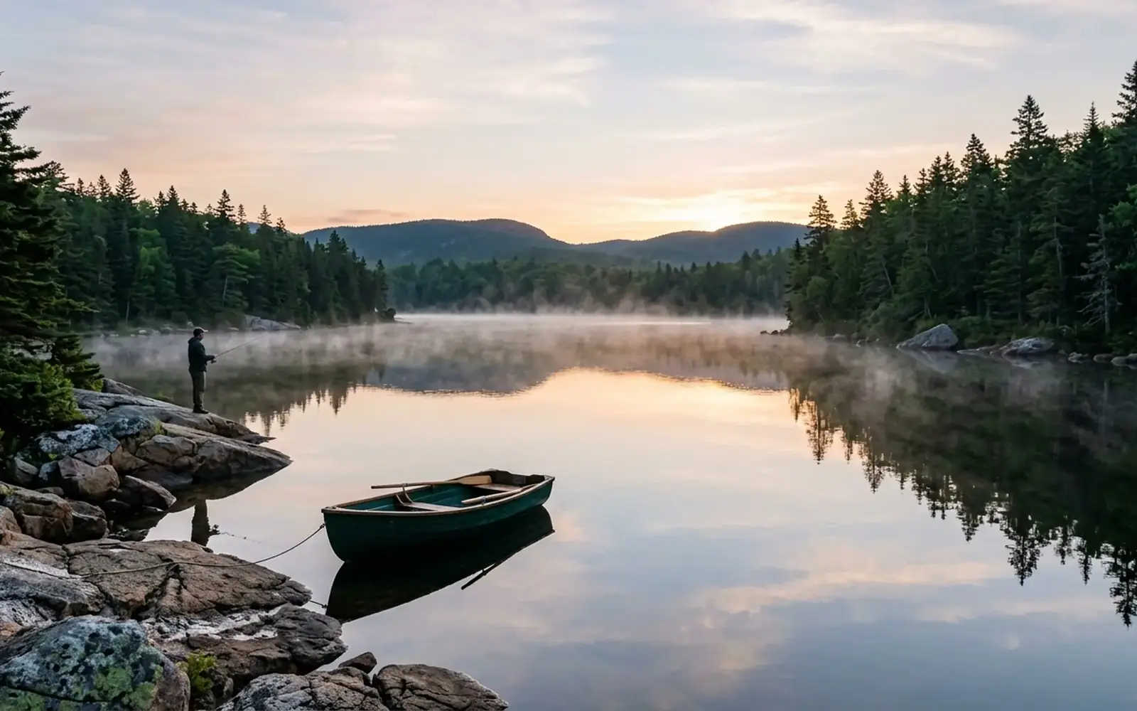 An angler and a rowboat on a still pond at dawn, fishing in Acadia National Park