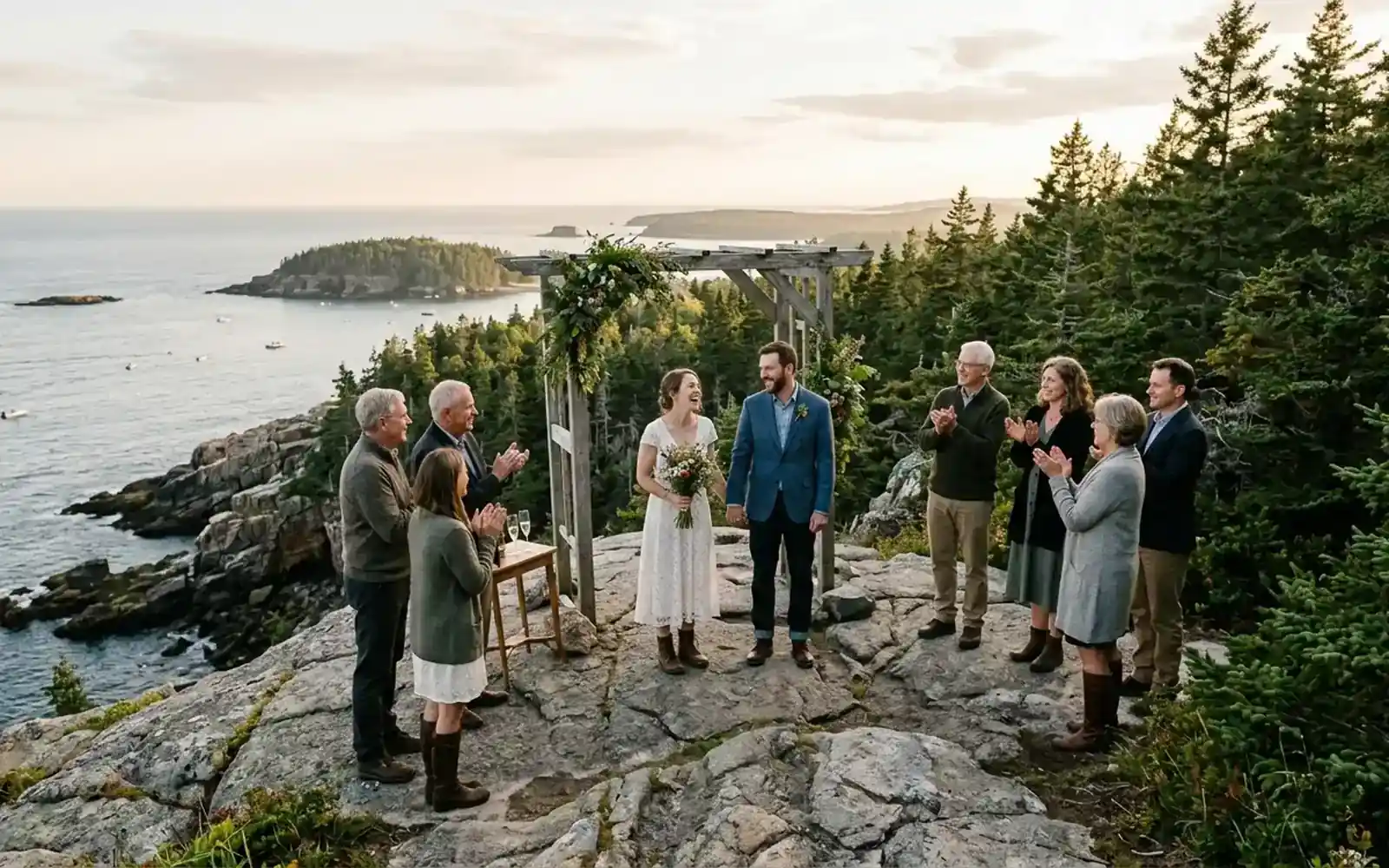 A small wedding party on a granite headland above the Maine coast in Acadia National Park A small wedding party on a granite headland above the Maine coast in Acadia National Park
