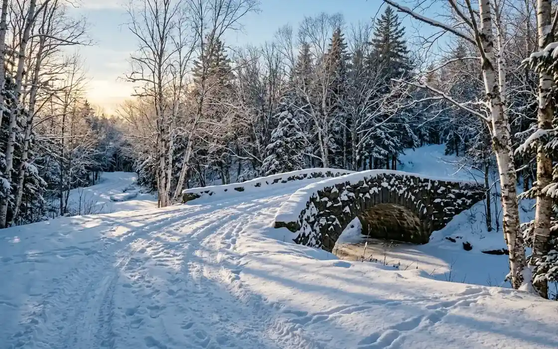 A snow-covered carriage road and stone bridge in Acadia National Park in winter A snow-covered carriage road and stone bridge in Acadia National Park in winter