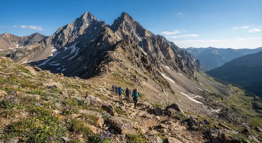 Hikers on an exposed rocky ridge below Mount Sneffels, Colorado Hikers on an exposed rocky ridge below Mount Sneffels, Colorado