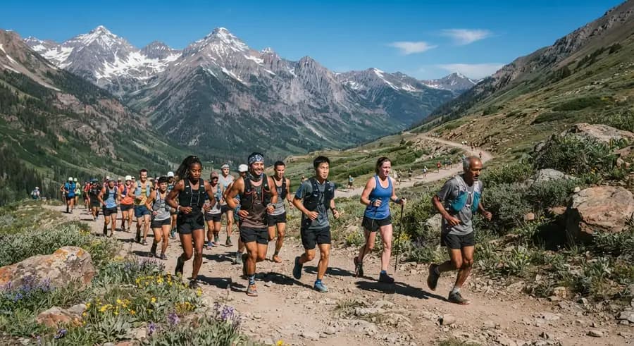 A field of runners on a mountain trail race in the San Juan Mountains, Colorado A field of runners on a mountain trail race in the San Juan Mountains, Colorado