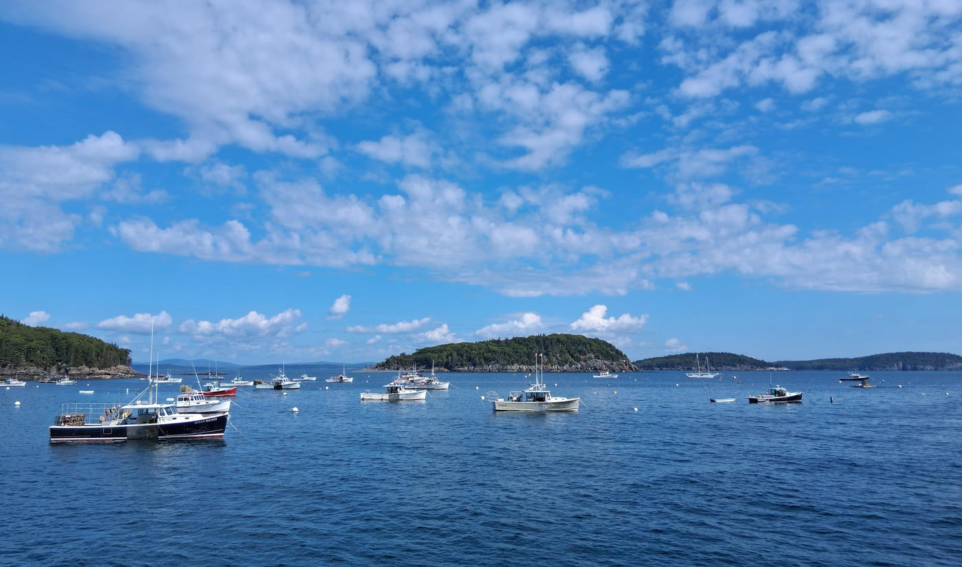 A tour boat moored in Frenchman Bay with the Porcupine Islands behind, Bar Harbor, Maine