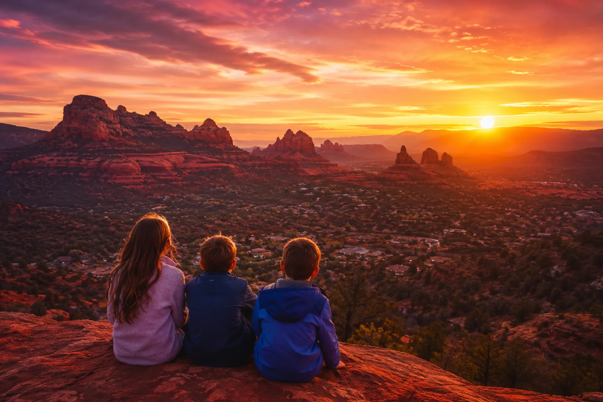 Three kids watching the sunset over Sedona's red rocks from Airport Mesa, Arizona.