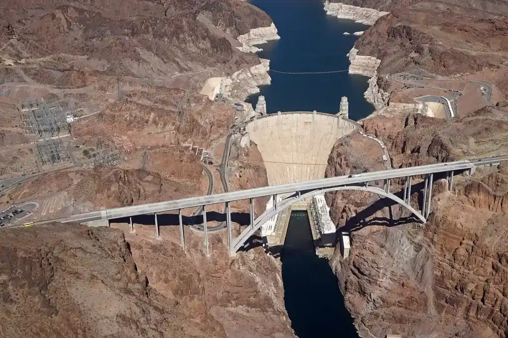 The arch of the Hoover Dam bypass bridge over Black Canyon