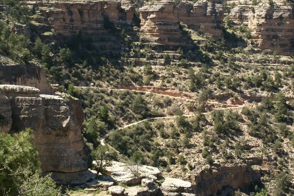 Bright Angel Trail · shaded switchbacks and seasonal water The Bright Angel Trail switchbacks in the Grand Canyon