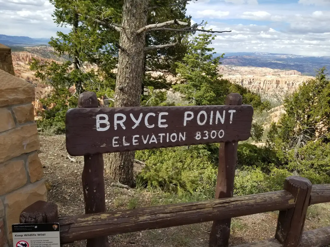 The Bryce Point sign at 8,300 feet elevation, Bryce Canyon National Park