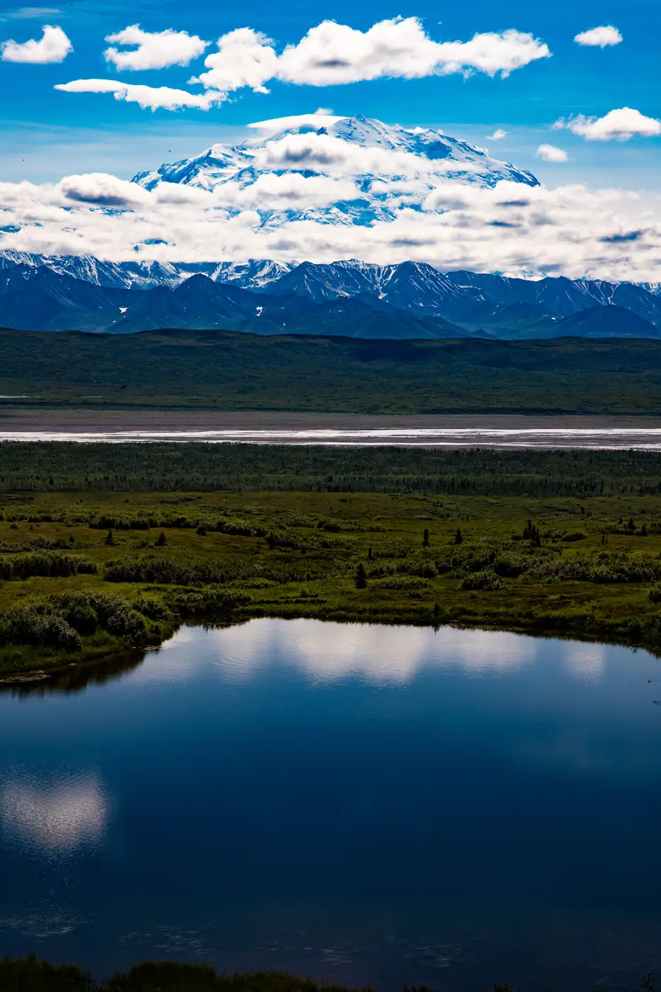Denali under cloud above tundra and a still pond