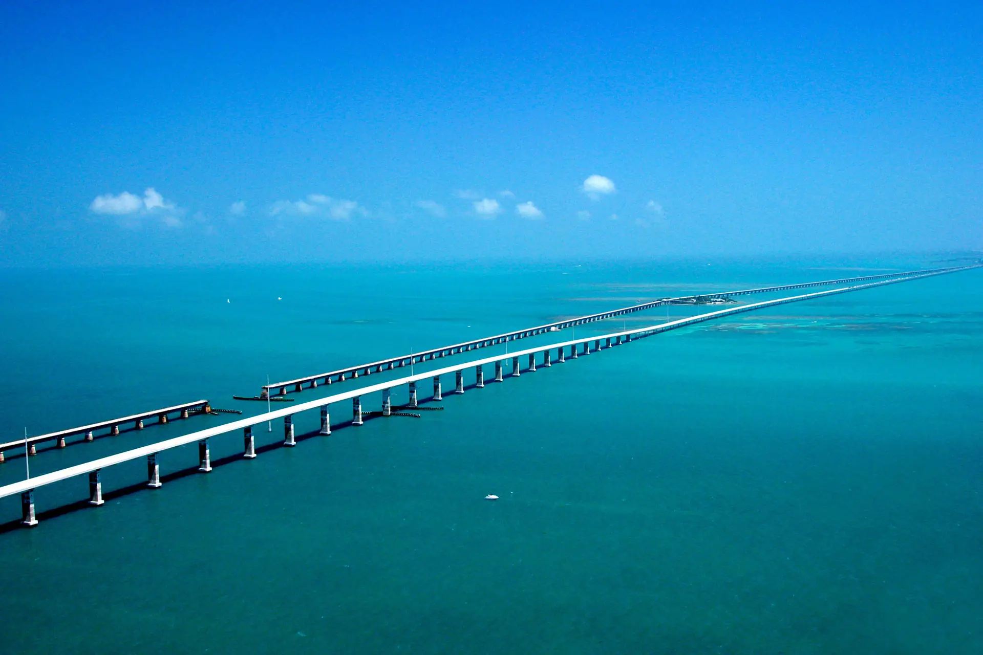 The Seven Mile Bridge running across open water in the Florida Keys