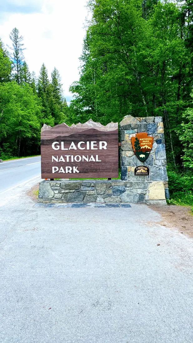The Glacier National Park entrance sign at the West Glacier entrance, Montana