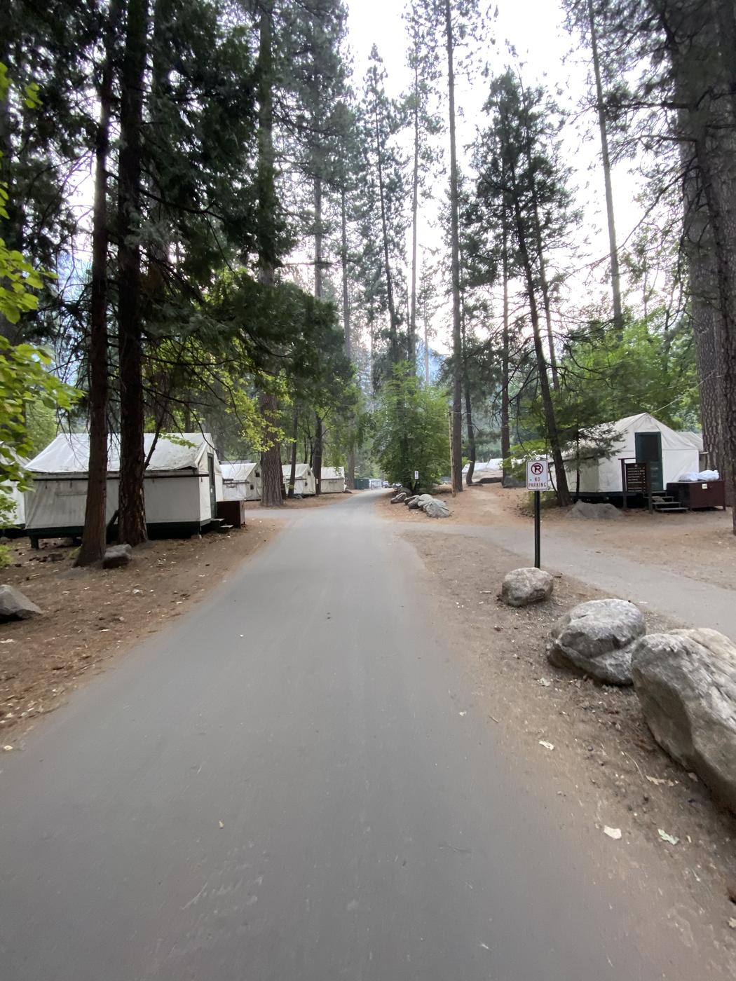 Canvas tent cabins under pines in Yosemite Valley, with smoke haze in the air