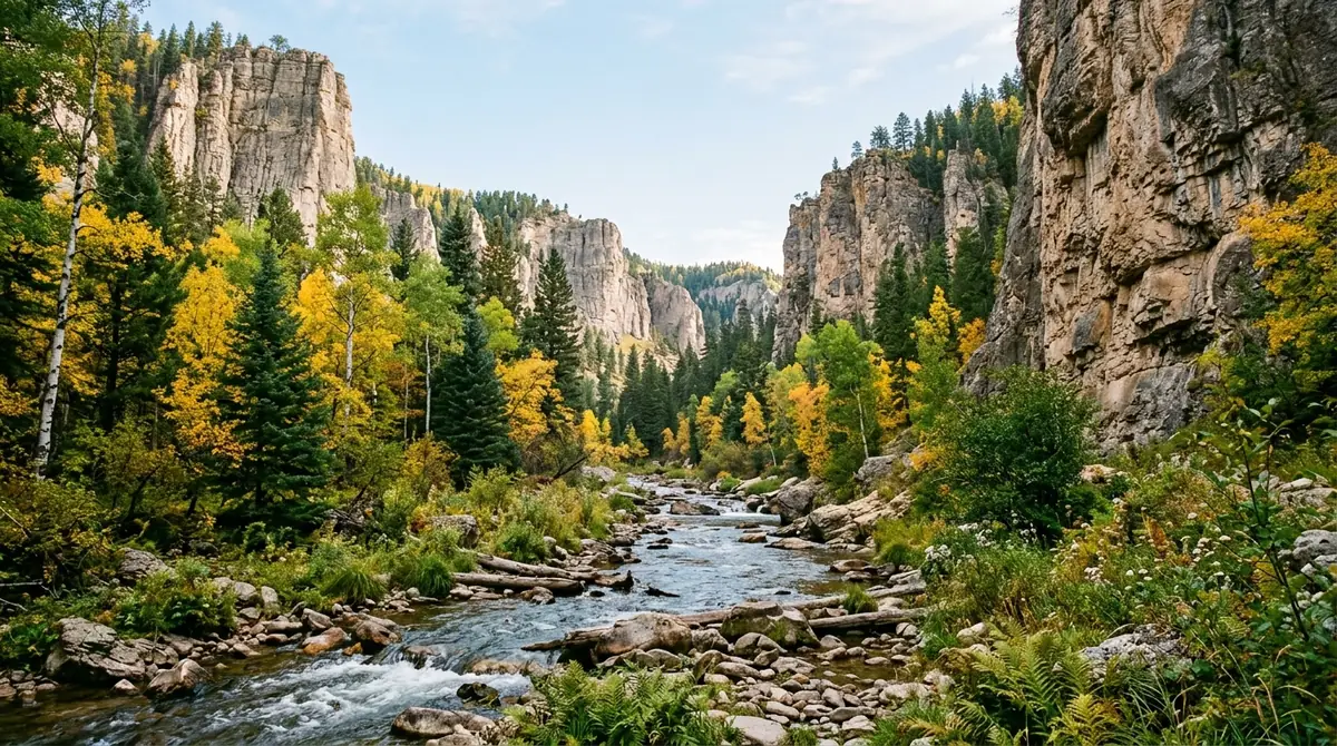 Waterfall and golden aspens in Spearfish Canyon