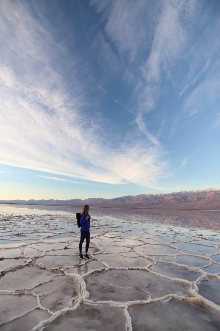 Standing on the salt polygons of Badwater Basin, Death Valley