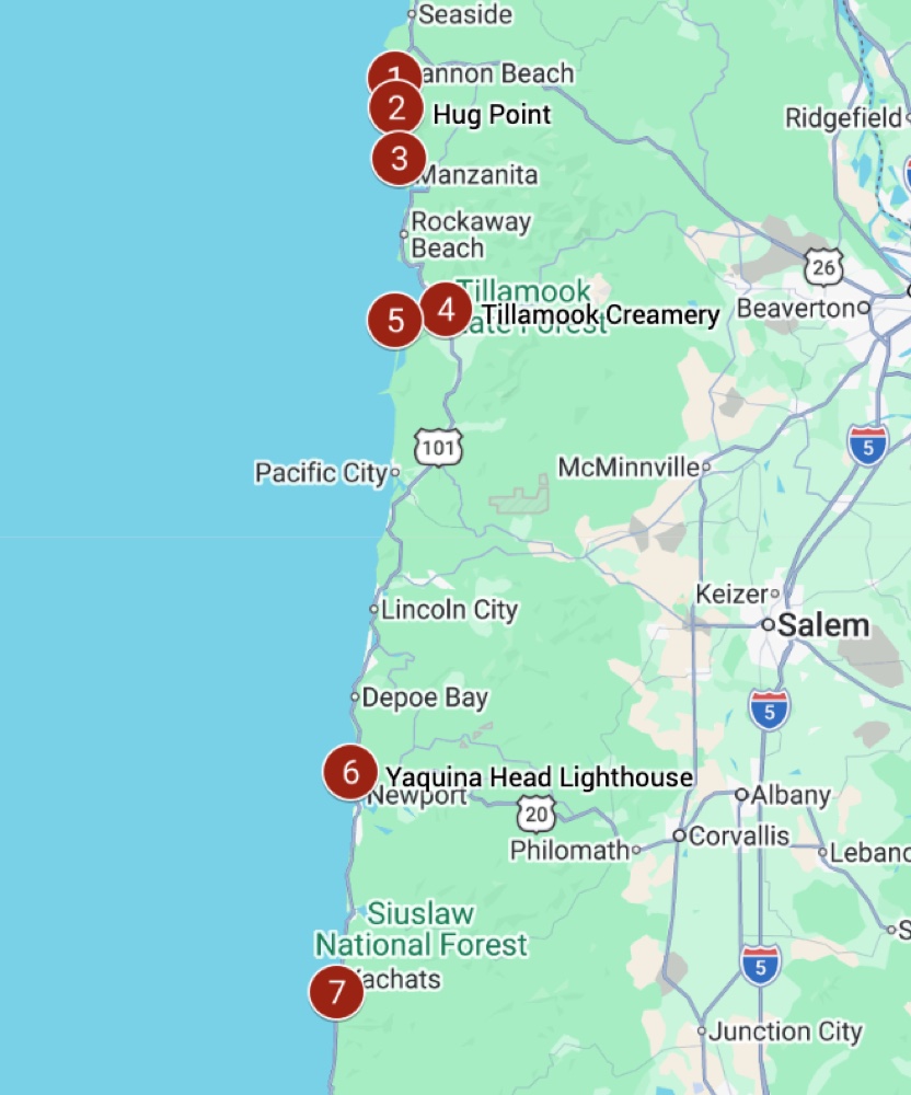 Day 1 route map, seven timed stops down the Oregon Coast