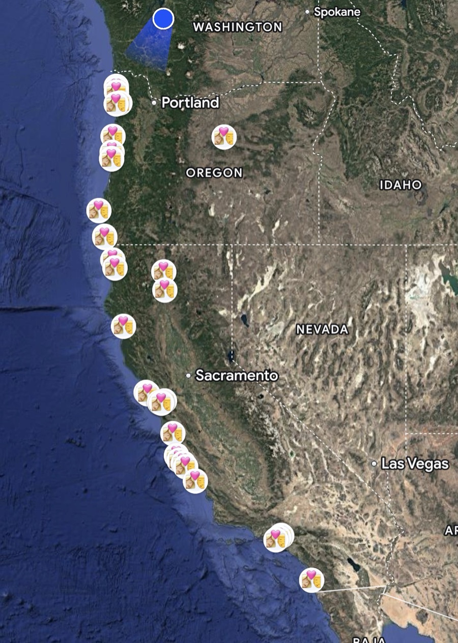 Route map of the West Coast honeymoon trip